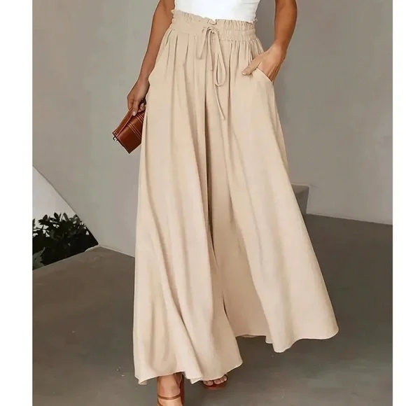 Classic Black Paper bag High Waisted Pockets Wide leg pants